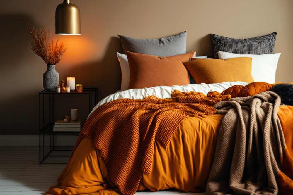 Orange custom bedding, pillows, comforter, and duvet covers in a bedroom near Norwalk, CT