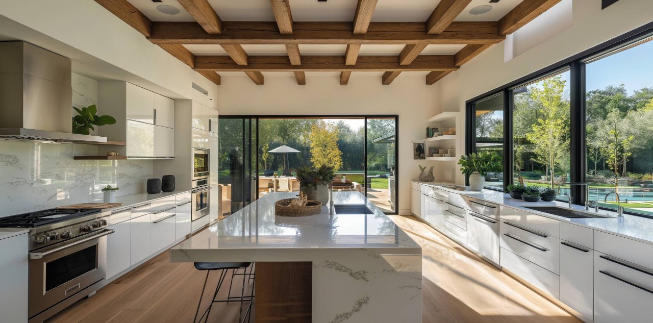 Modern kitchen with large windows near Norwalk, CT