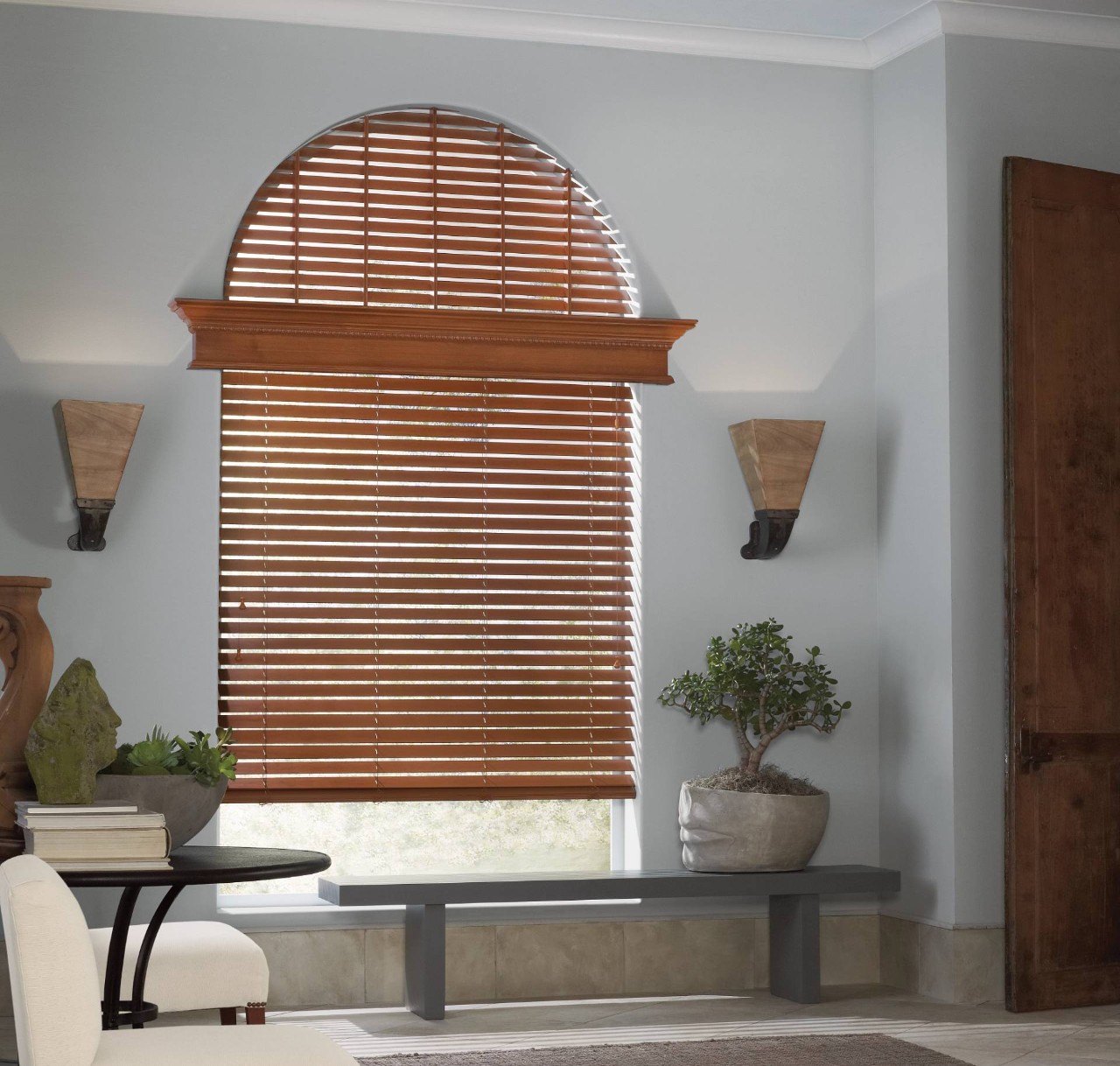 Hunter Douglas Parkland® Wood Blinds as arched window treatments near Norwalk, CT