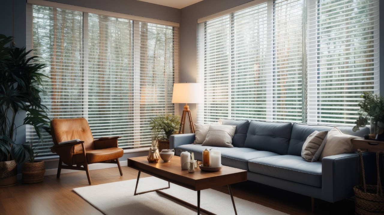 Custom blinds in a living room near Norwalk, CT