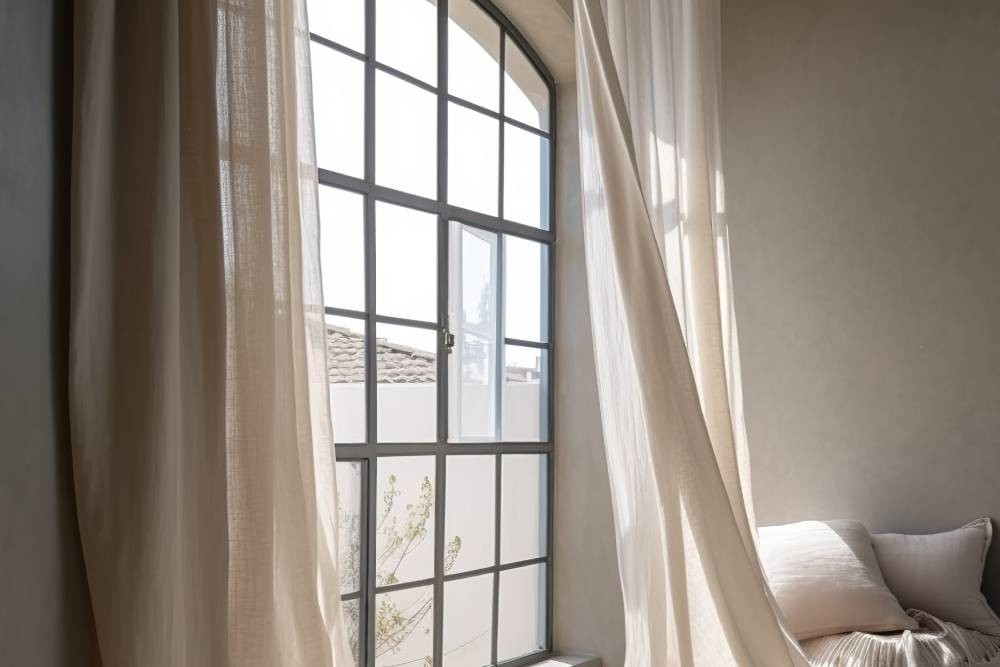 Custom drapes, tan in color, flowing in a contemporary bedroom near Norwalk, CT